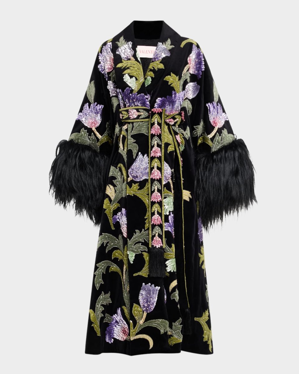 Sequined Velvet Wrap Coat With Goat Shearling Trim